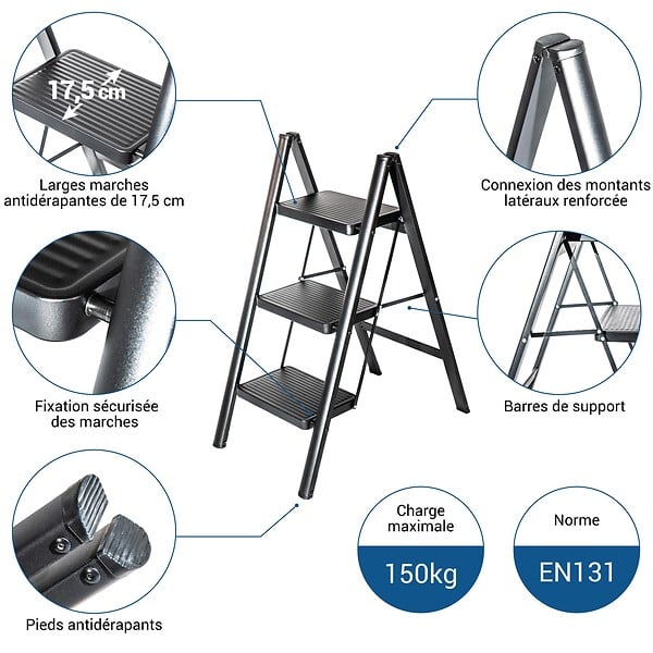 HOSTRÃ–M - Escabeau 3 marches FOLDPACT3, Marche pied pliable, Design ultra-compact, Marches larges 17,5 cm, Acier, Etagère temporaire, Garantie 5 ans, Hostrom - large