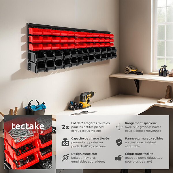 TECTAKE - Etagère murale avec 30 bacs de rangement noir - large