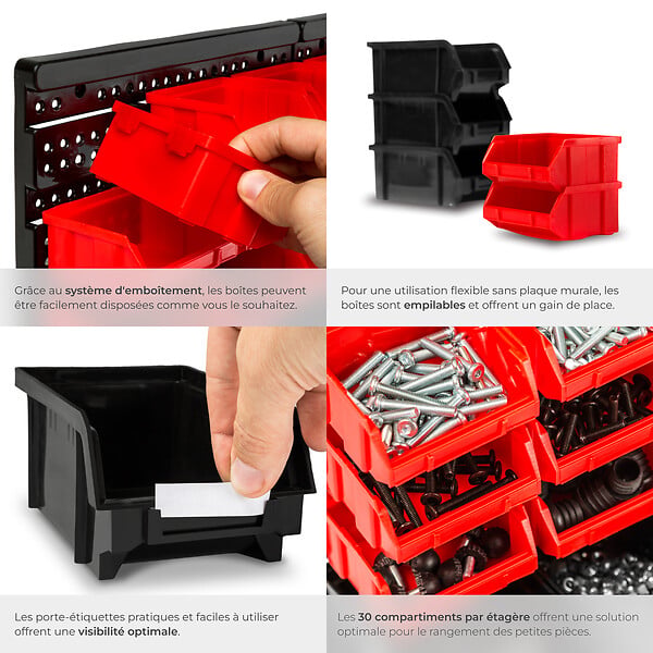 TECTAKE - Etagère murale avec 30 bacs de rangement noir - large