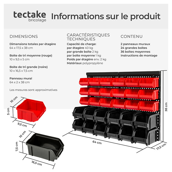 TECTAKE - Etagère murale avec 30 bacs de rangement noir - large