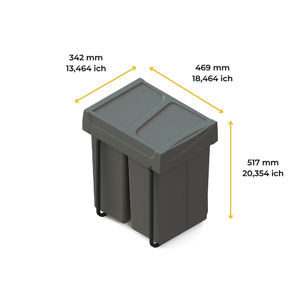 EMUCA - bac de tri sélectif a montage inférieur et extraction manuelle pour élément de cuisine Recycle, 2x25litres, Plastique gris antracite - large