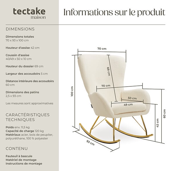 TECTAKE - Fauteuil à bascule SWING avec patins en acier et rembourrage épais crème/or - large