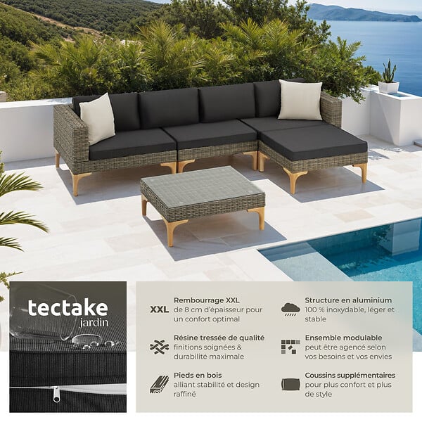 TECTAKE - Salon en rotin avec cadre en aluminium Konstanza marron naturel - large