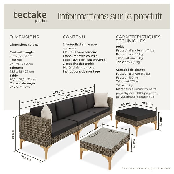TECTAKE - Salon en rotin avec cadre en aluminium Konstanza marron naturel - large