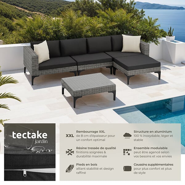 TECTAKE - Salon en rotin avec cadre en aluminium Konstanza gris - large