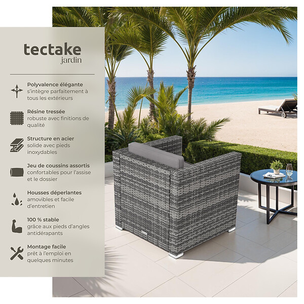 TECTAKE - Fauteuil en rotin Lignano gris - large