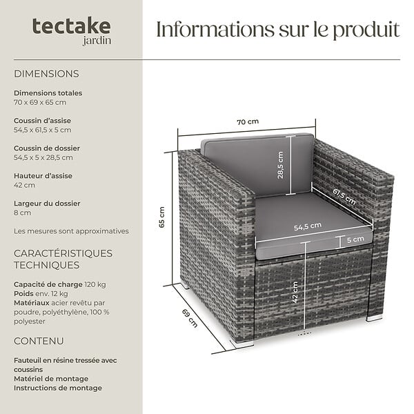 TECTAKE - Fauteuil en rotin Lignano gris - large