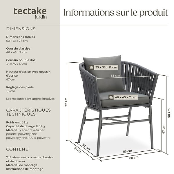 TECTAKE - Ensemble de chaises VALEIRAS effet corde tressée gris foncé/gris foncé - large