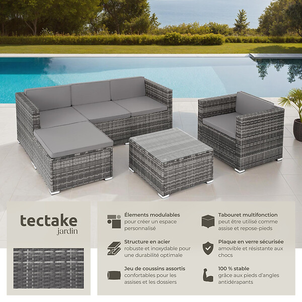 TECTAKE - Salon en rotin Lignano avec fauteuil gris - large