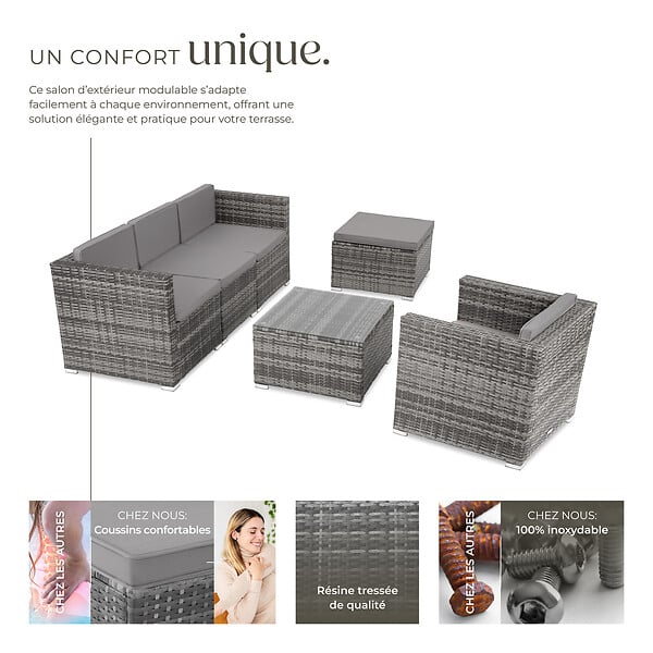 TECTAKE - Salon en rotin Lignano avec fauteuil gris - large