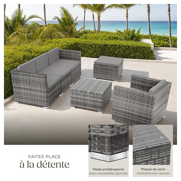 TECTAKE - Salon en rotin Lignano avec fauteuil gris - large