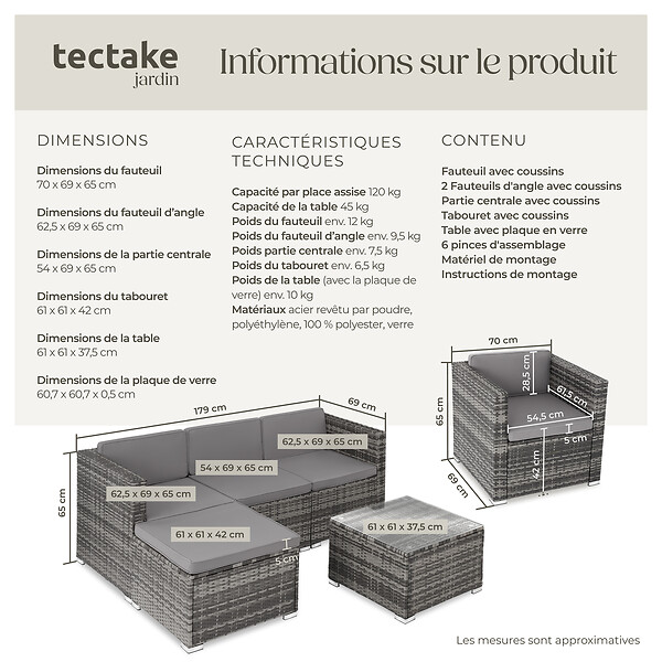TECTAKE - Salon en rotin Lignano avec fauteuil gris - large