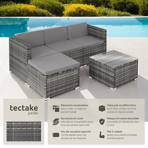 TECTAKE - Salon en rotin Lignano gris - large