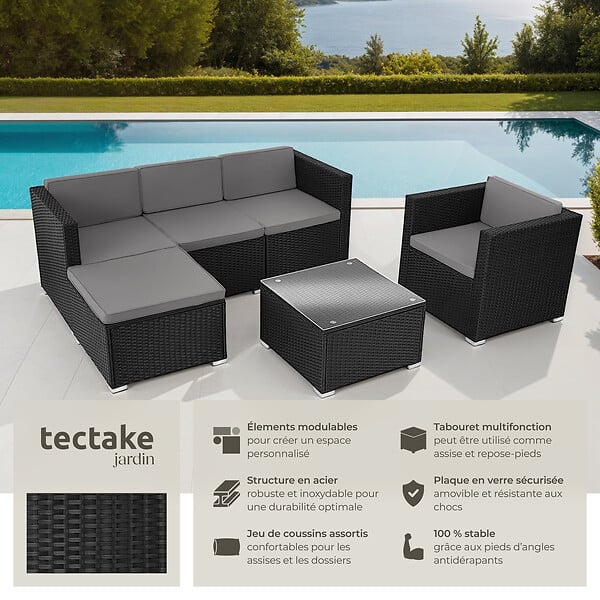 TECTAKE - Salon en rotin Lignano avec fauteuil noir - large