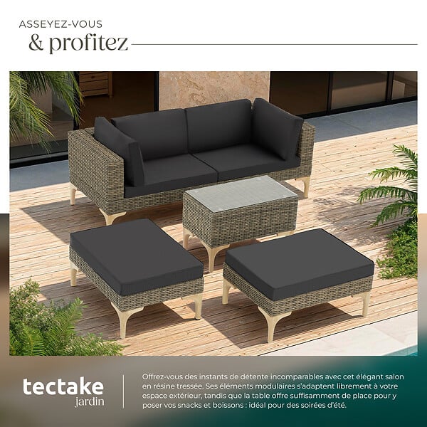 TECTAKE - Salon en rotin avec structure en aluminium Bellaria marron naturel - large