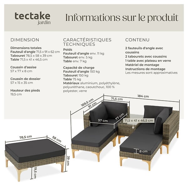 TECTAKE - Salon en rotin avec structure en aluminium Bellaria marron naturel - large