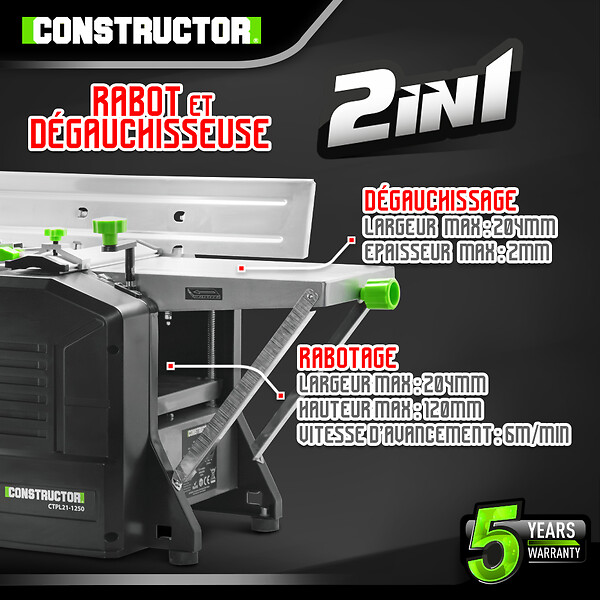 CONSTRUCTOR - Rabot dégauchisseuse 1250W - 204mm - large