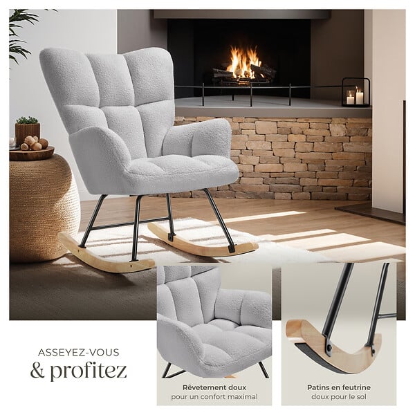 TECTAKE - Fauteuil à bascule TORVE rembourré Bouclé gris clair - large