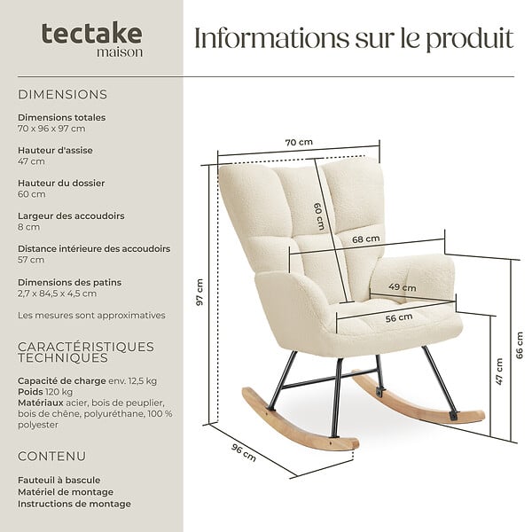 TECTAKE - Fauteuil à bascule TORVE rembourré Bouclé beige - large