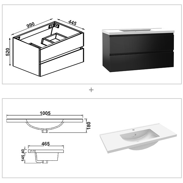 AICA SANITAIRE - AICA ensemble meuble salle de bain 100 cm noir brillant avec 2 tiroirs à fermeture automatique, lavabo céramique simple + colonne haute x2, suspendu - large
