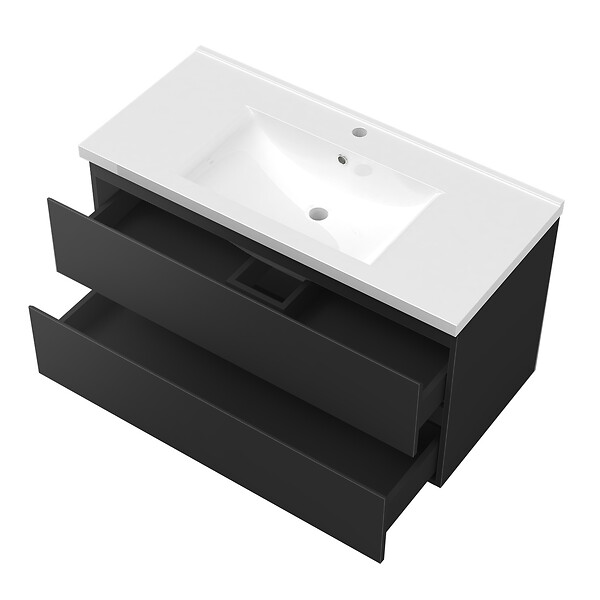 AICA SANITAIRE - AICA ensemble meuble salle de bain 100 cm noir brillant avec 2 tiroirs à fermeture automatique, lavabo céramique simple + deux colonnes, suspendu - large