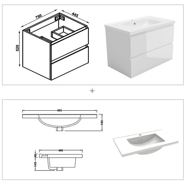 AICA SANITAIRE - AICA Meuble salle de bain 80cm blanc brillant avec 2 tiroirs à fermeture automatique et simple lavabo céramique - large