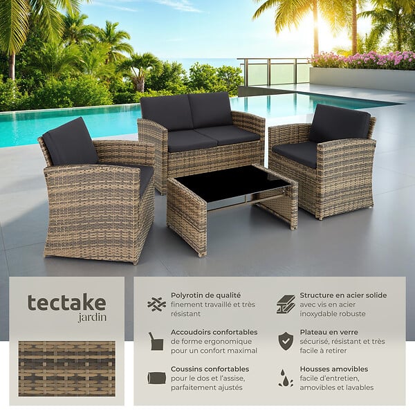 TECTAKE - 4 Places salon bas de jardin marron naturel gris foncé design moderne coussins confortables montage facile - large
