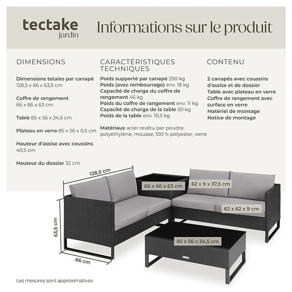 TECTAKE - Salon de jardin résine tressée modulable noir coussins déperlants housse lavable confort - large
