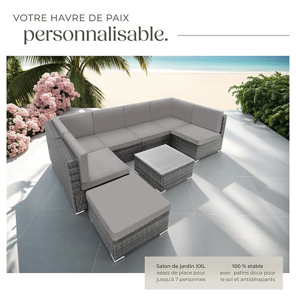 TECTAKE - Canapé jardin en résine tressée gris 7 places modulable coussins déperlants table avec verre - large