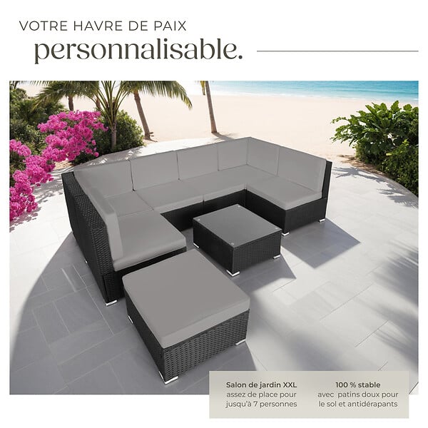 TECTAKE - Canapé de Jardin VENISE 7 places noir/gris - large