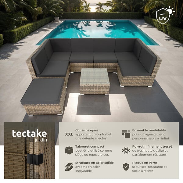 TECTAKE - Canapé de Jardin VENISE 7 places marron naturel - large