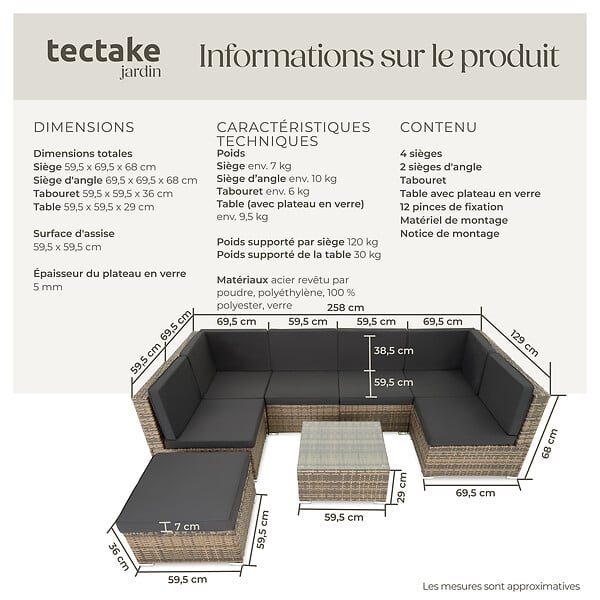 TECTAKE - Canapé de Jardin VENISE 7 places marron naturel - large