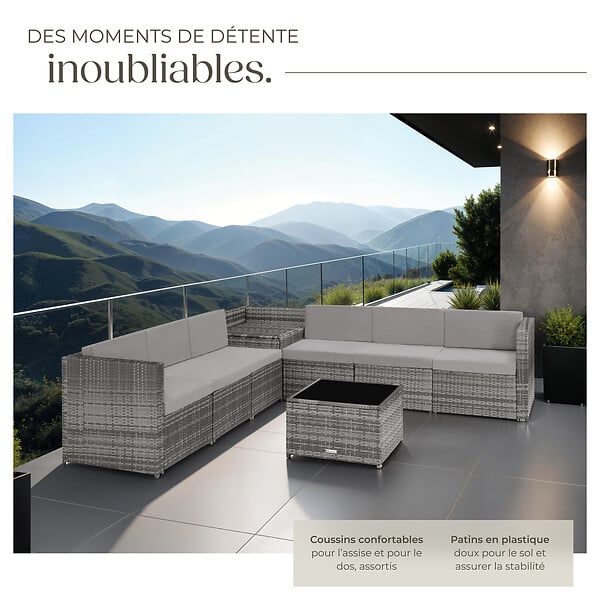 TECTAKE - Salon de jardin rotin en résine modulaire 6 places avec table verre coussins gris - large