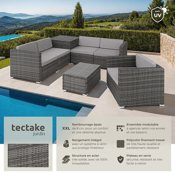 TECTAKE - Canapé de jardin Pisa 5 places avec coffre de rangement, variante 2 gris - large