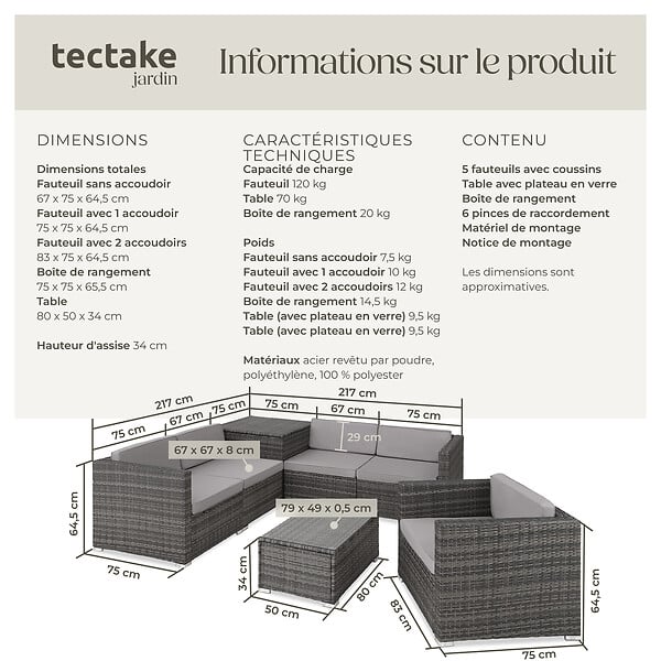 TECTAKE - Canapé de jardin Pisa 5 places avec coffre de rangement, variante 2 gris - large