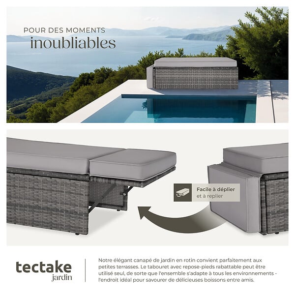 TECTAKE - Canapé de jardin modulable en résine tressée gris coussins amovibles hydrofuges - large