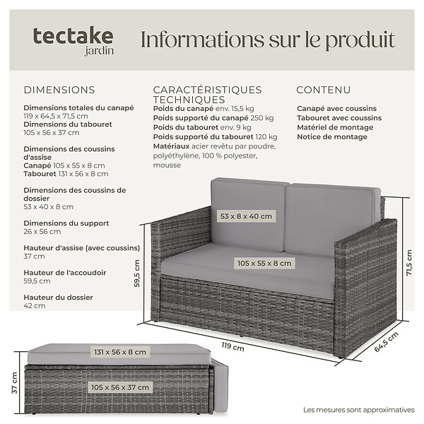 TECTAKE - Canapé de jardin modulable en résine tressée gris coussins amovibles hydrofuges - large