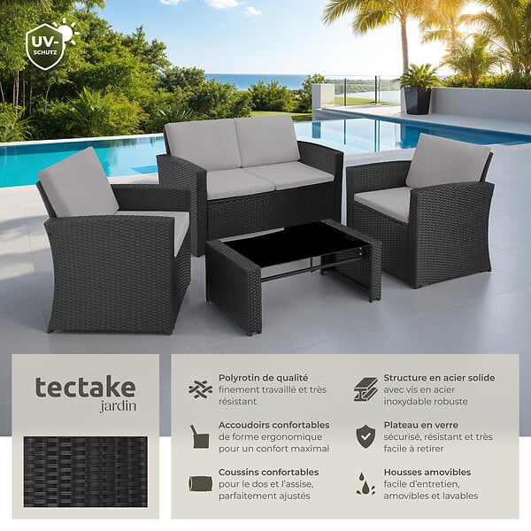 TECTAKE - 4 Places salon bas de jardin noir gris design moderne coussins confortables facile entretien montage facile - large