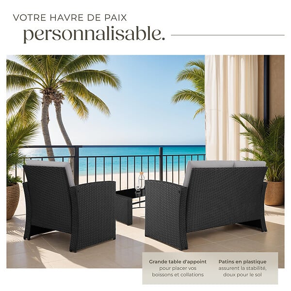 TECTAKE - 4 Places salon bas de jardin noir gris design moderne coussins confortables facile entretien montage facile - large