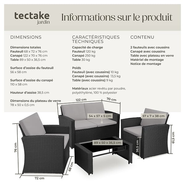 TECTAKE - 4 Places salon bas de jardin noir gris design moderne coussins confortables facile entretien montage facile - large