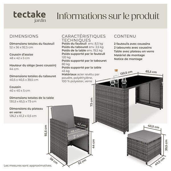 TECTAKE - Salon de jardin résistant UV 4 places en acier poly rotin gris ensemble mobilier extérieur - large