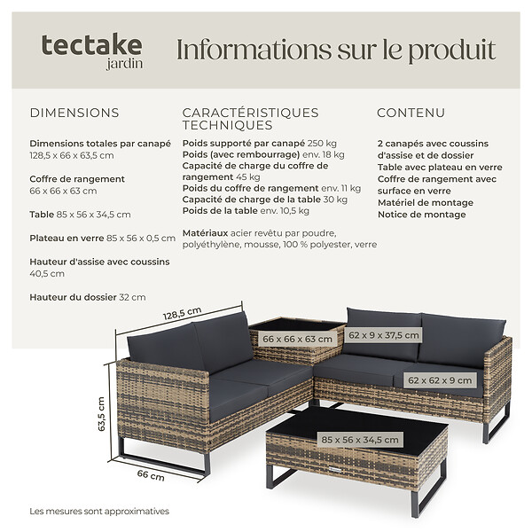 TECTAKE - Canapé jardin 2 places en résine tressée marron naturel solide tressage acier confortable design - large