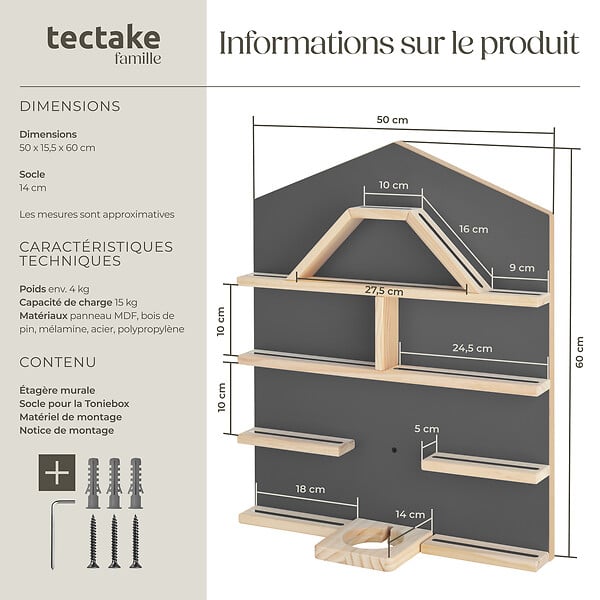 TECTAKE - Étagère murale Mylittle Story pour jusqu'à 50 Tonies gris anthracite - large