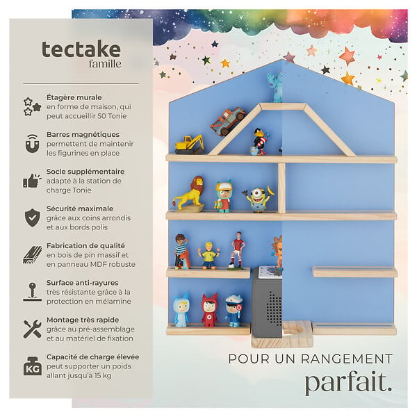 TECTAKE - Étagère murale Mylittle Story pour jusqu'à 50 Tonies bleu - large