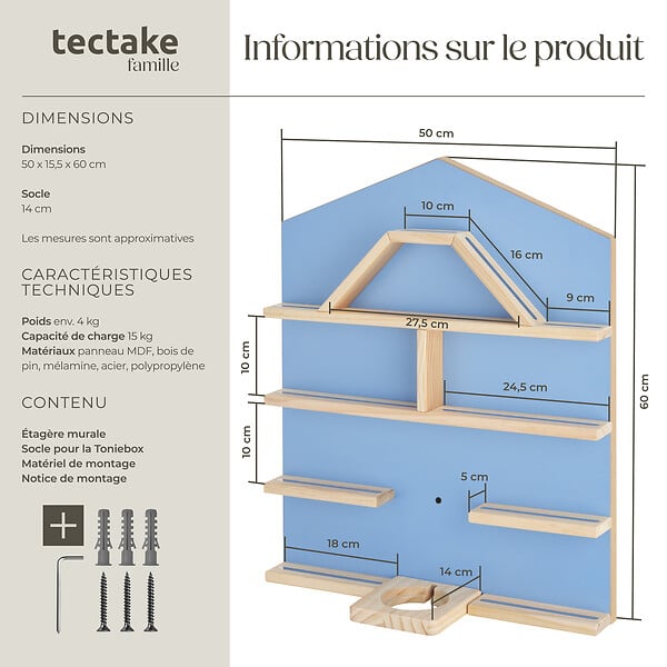 TECTAKE - Étagère murale Mylittle Story pour jusqu'à 50 Tonies bleu - large
