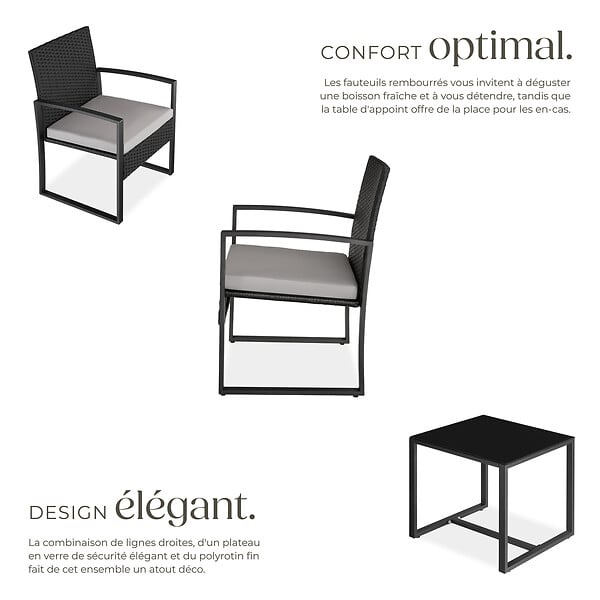 TECTAKE - Ensemble de salon de jardin en rotin Granada avec table pour 2 personnes Noir gris clair/noir - large