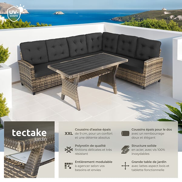 TECTAKE - 7 Places canapé de jardin lounge en rotin marron naturel salon rotin résine tressée stable rembourrage déperlant - large