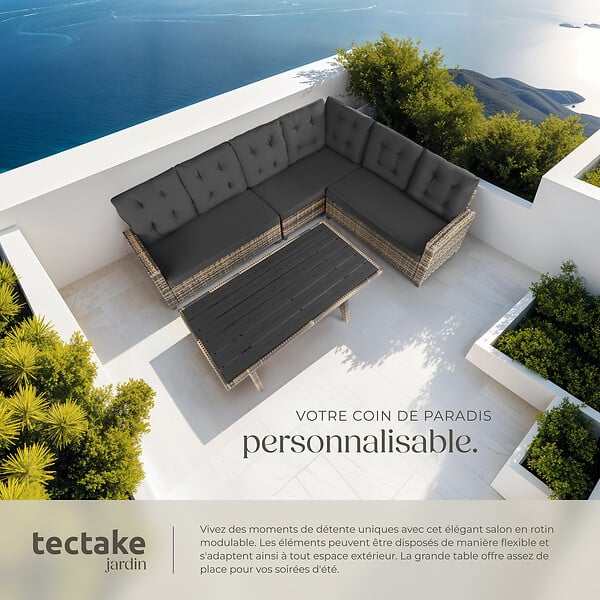 TECTAKE - 7 Places canapé de jardin lounge en rotin marron naturel salon rotin résine tressée stable rembourrage déperlant - large