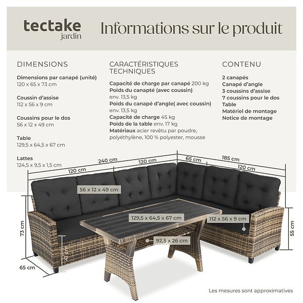 TECTAKE - 7 Places canapé de jardin lounge en rotin marron naturel salon rotin résine tressée stable rembourrage déperlant - large