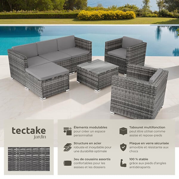 TECTAKE - Salon en rotin Lignano avec 2 fauteuils gris - large